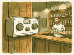 Geluidsbegrenzer aan de muur van een gezellige pub met houten planken, hanglampen en een barman die glazen afdroogt.