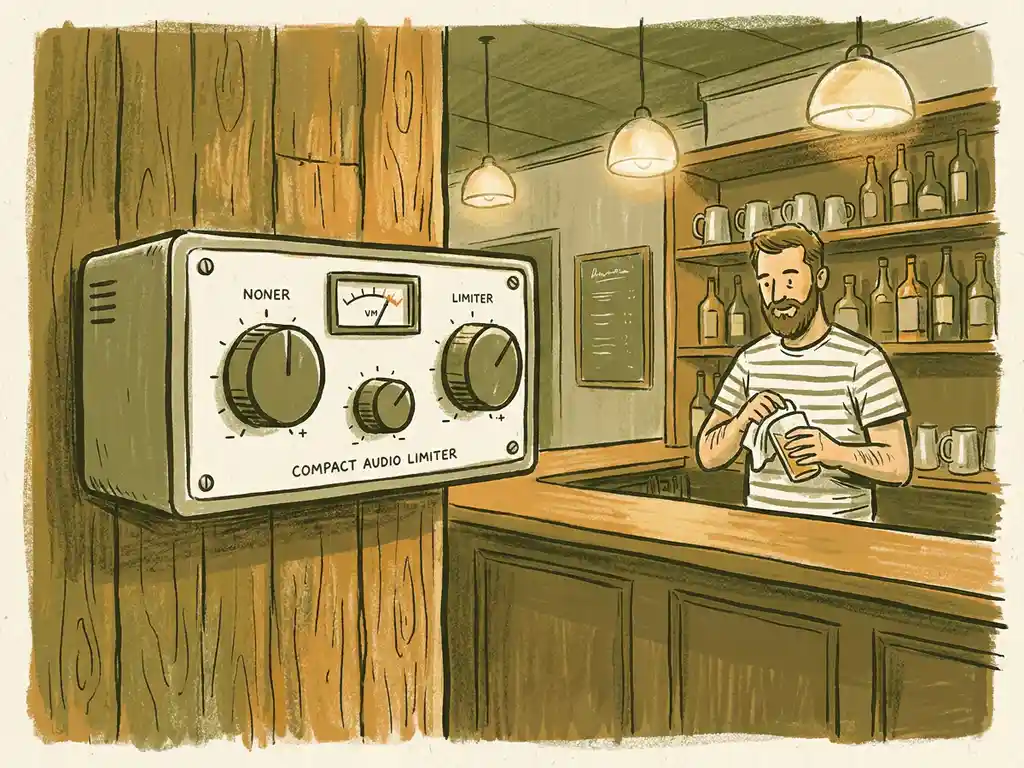 Geluidsbegrenzer aan de muur van een gezellige pub met houten planken, hanglampen en een barman die glazen afdroogt.