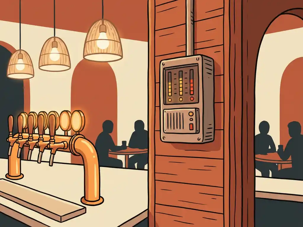 Geluidsbegrenzer gemonteerd op een houten bardecoratie, omringd door amberen bierltaps en sfeervolle hanglampen in een gezellig café-interieur.