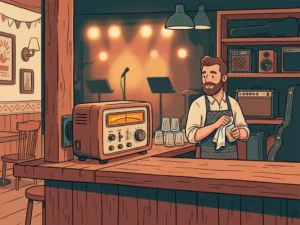 Geluidsbeperker op een houten bardek in een sfeervolle pub, met een barman die glazen afdroogt en warm amberkleurig podiumlicht op de achtergrond.