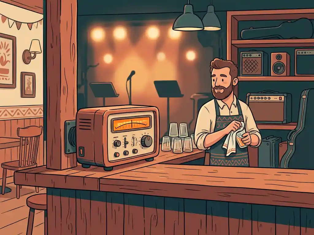 Geluidsbeperker op een houten bardek in een sfeervolle pub, met een barman die glazen afdroogt en warm amberkleurig podiumlicht op de achtergrond.