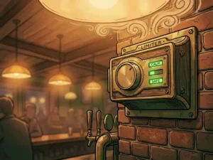 Geluidsbegrenzer op bakstenen bardwand met groene indicatoren, sfeervol café-interieur met hanglampen en bezoekers op de achtergrond.
