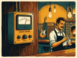 Vintage illustratie van een geluidsbeperker op een houten bardeur in een gezellig café met Edison-lampen, barman en gitaar op de achtergrond.
