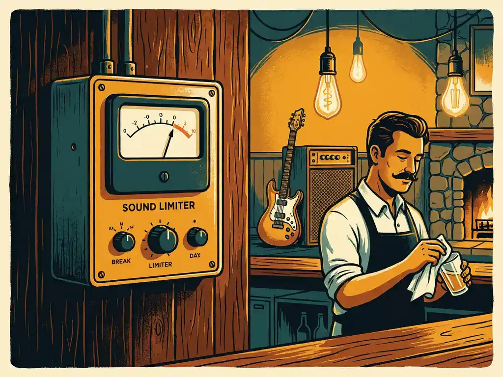 Vintage illustratie van een geluidsbeperker op een houten bardeur in een gezellig café met Edison-lampen, barman en gitaar op de achtergrond.