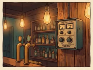 Vintage illustratie van een audio limiter aan een houten bardwand, met biergrepen en flessen in warm amberkleurig licht op de achtergrond.