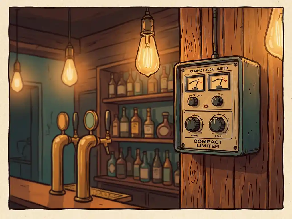Vintage illustratie van een audio limiter aan een houten bardwand, met biergrepen en flessen in warm amberkleurig licht op de achtergrond.