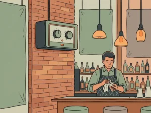 Geluidsbegrenzer op bakstenen muur in restaurant, met akoestische panelen, hanglampen en barman die glazen polijst op de achtergrond.