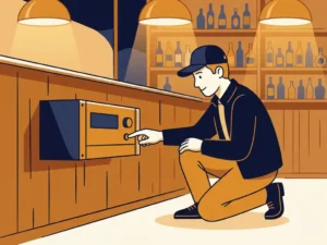 Technicus drukt testknop in op geluidsbeperker aan barwand, warm amberkleurig pub-interieur met houten planken op achtergrond.