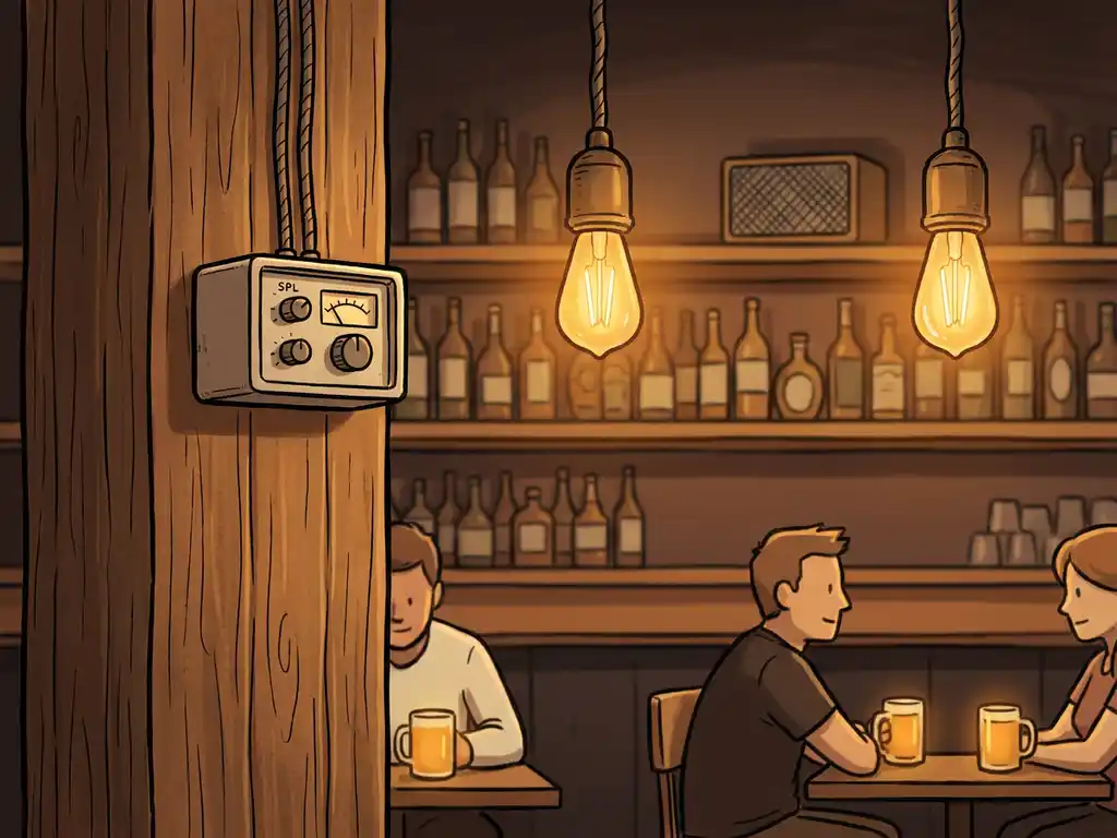 SPL-limiter aan de muur van een gezellige bar met houten planken vol flessen en zachte amberkleurige verlichting.