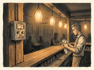 SPL-limiter aan de muur van een gezellige bar, met warme amberkleurige hanglampen en een bartender die glazen afdroogt.