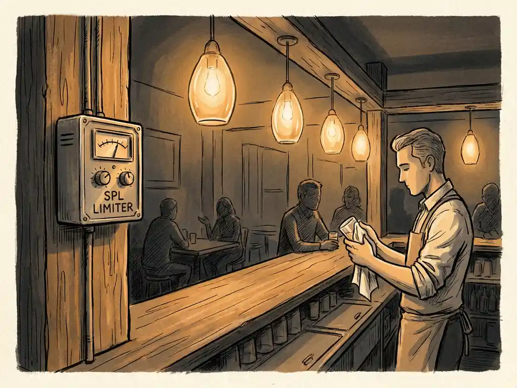 SPL-limiter aan de muur van een gezellige bar, met warme amberkleurige hanglampen en een bartender die glazen afdroogt.