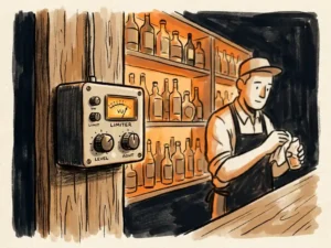 Geluidsbeperker gemonteerd op een barwand, met warm barsfeer, houten planken vol flessen en een bartender op de achtergrond.