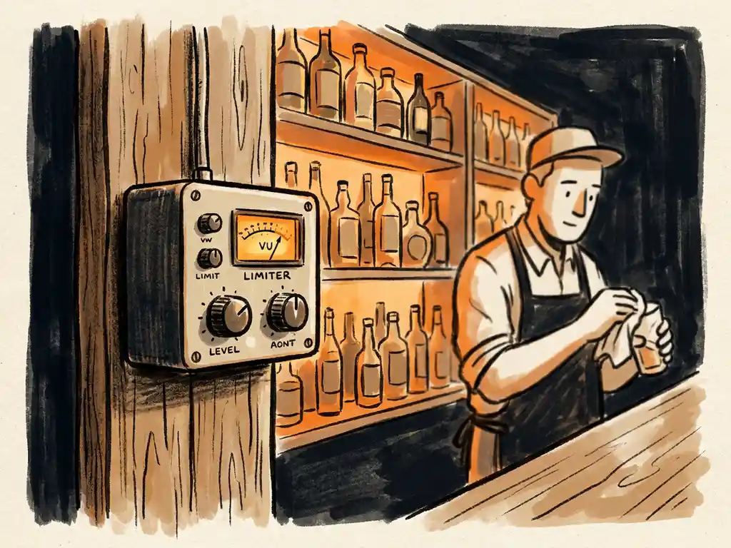 Geluidsbeperker gemonteerd op een barwand, met warm barsfeer, houten planken vol flessen en een bartender op de achtergrond.