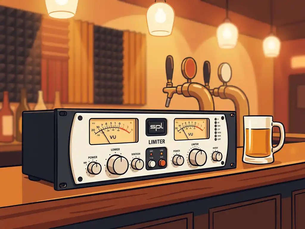 SPL-limiter op een houten bardek in een gezellig café, met amberen biertaps en akoestische schuimstofpanelen op de achtergrond.