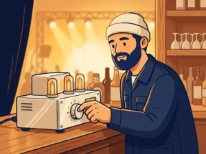 Geluidstechnicus stelt hardware limiter af achter een houten bar met warm amberkleurig podiumlicht en flessen op de achtergrond.