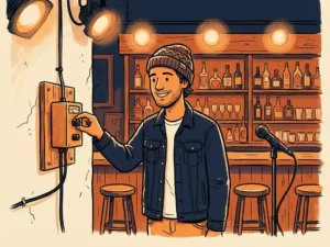 Geluidstechnicus stelt een limiter in aan de muur van een sfeervolle bar met amberkleurig podiumlicht en houten flessen­schappen.