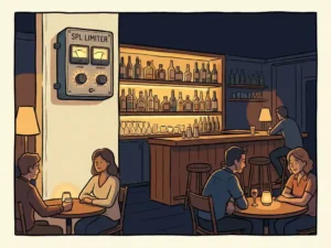 Gezellig barinterieur met SPL limiter aan de muur, sfeervolle verlichting, flessen op planken, warme amber- en marineblauw tinten.