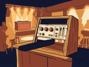 Illustratie van een hardware limiter in een rack, gemonteerd in een gezellige bar met warm amberkleurig licht en een kleine dj-booth.