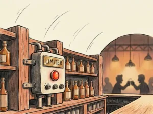Handgetekende limiter op een houten rack achter een barkruk, omringd door amberkleurige flessen en zacht podiumlicht.