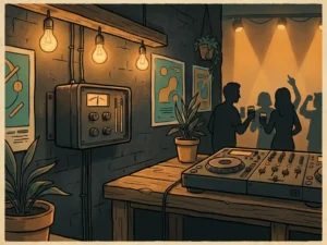 Geluidsbegrenzer gemonteerd op een muur in een gezellige bar met warm amberkleurig podiumlicht en een DJ-mixer op een houten toonbank.