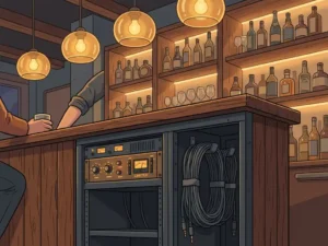 Compacte limiter in een rack achter een houten bartoog, omgeven door warme amberkleurige hanglampen en flessen op verlichte schappen.