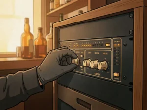 Technicus die knoppen bijstelt op een rack-mounted limiter in een sfeervolle bar met houten schappen op de achtergrond.