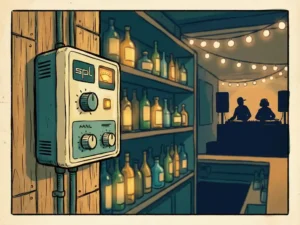 SPL-limiter aan de muur van een gezellige bar met flessenrekken, een dj-booth op de achtergrond en warme amber- en tealtinten.