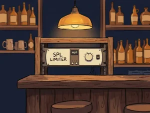 SPL-limiter in een rack achter een lege barkruk, omgeven door amberkleurige flessen en zachte hanglampen in een sfeervolle avondbar.