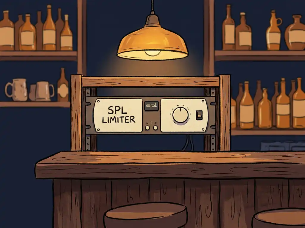 SPL-limiter in een rack achter een lege barkruk, omgeven door amberkleurige flessen en zachte hanglampen in een sfeervolle avondbar.